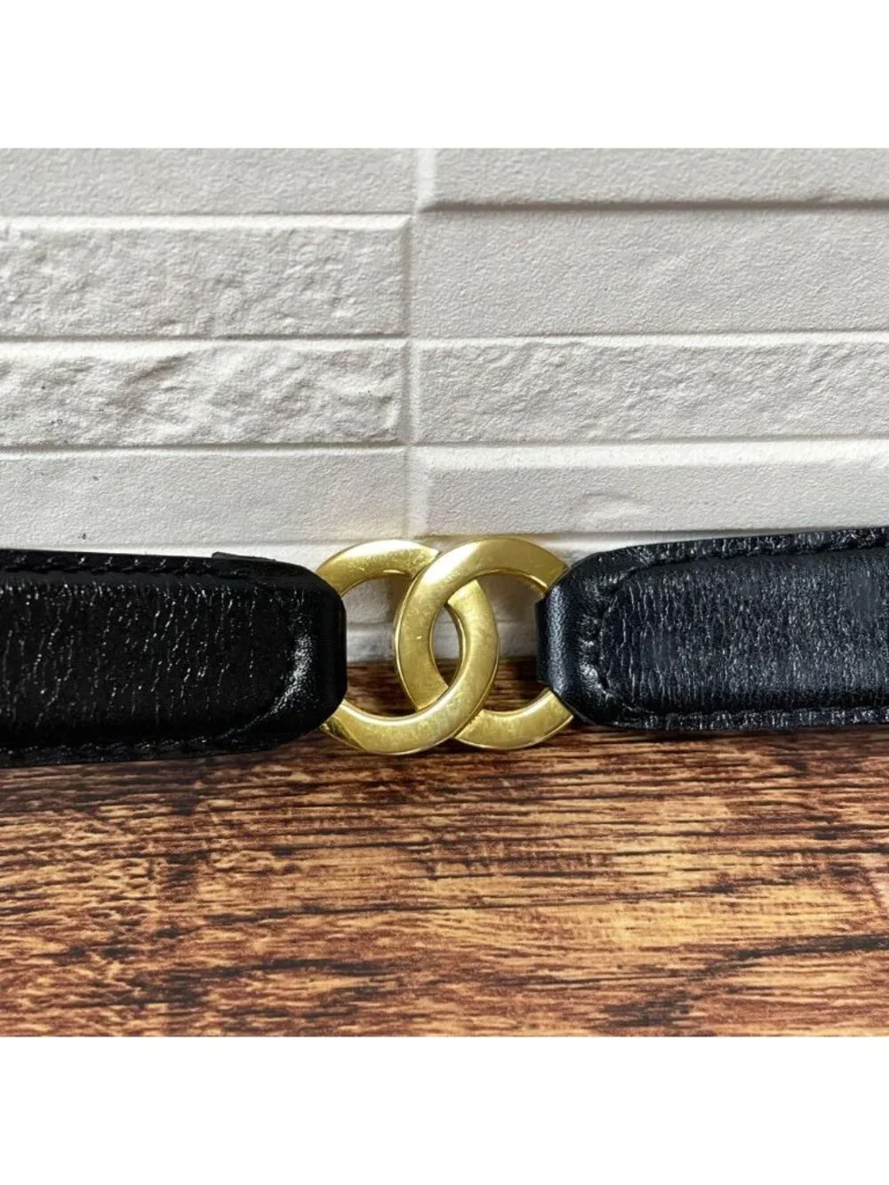 Chanel Leather Double CC Logo Gold Belt Black